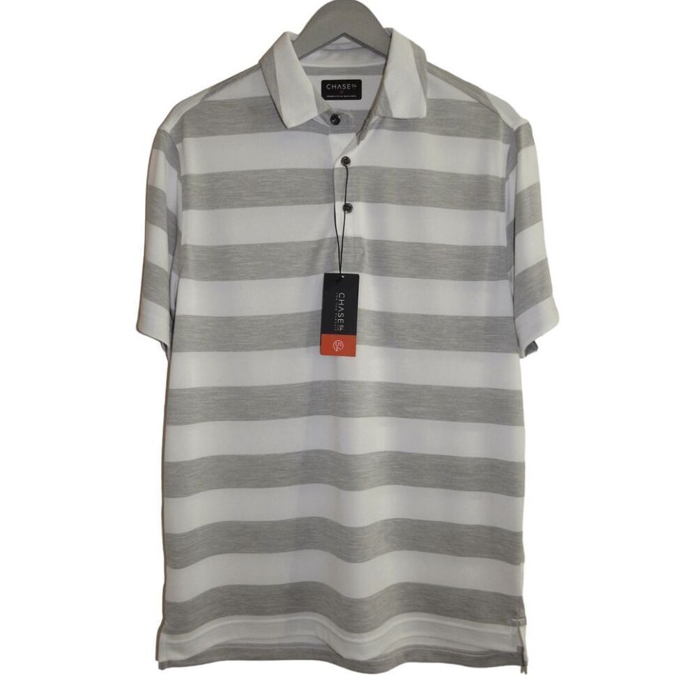 NWT Chase 54‎ Gray & White Stripe Performance Golf Shirt Sz M